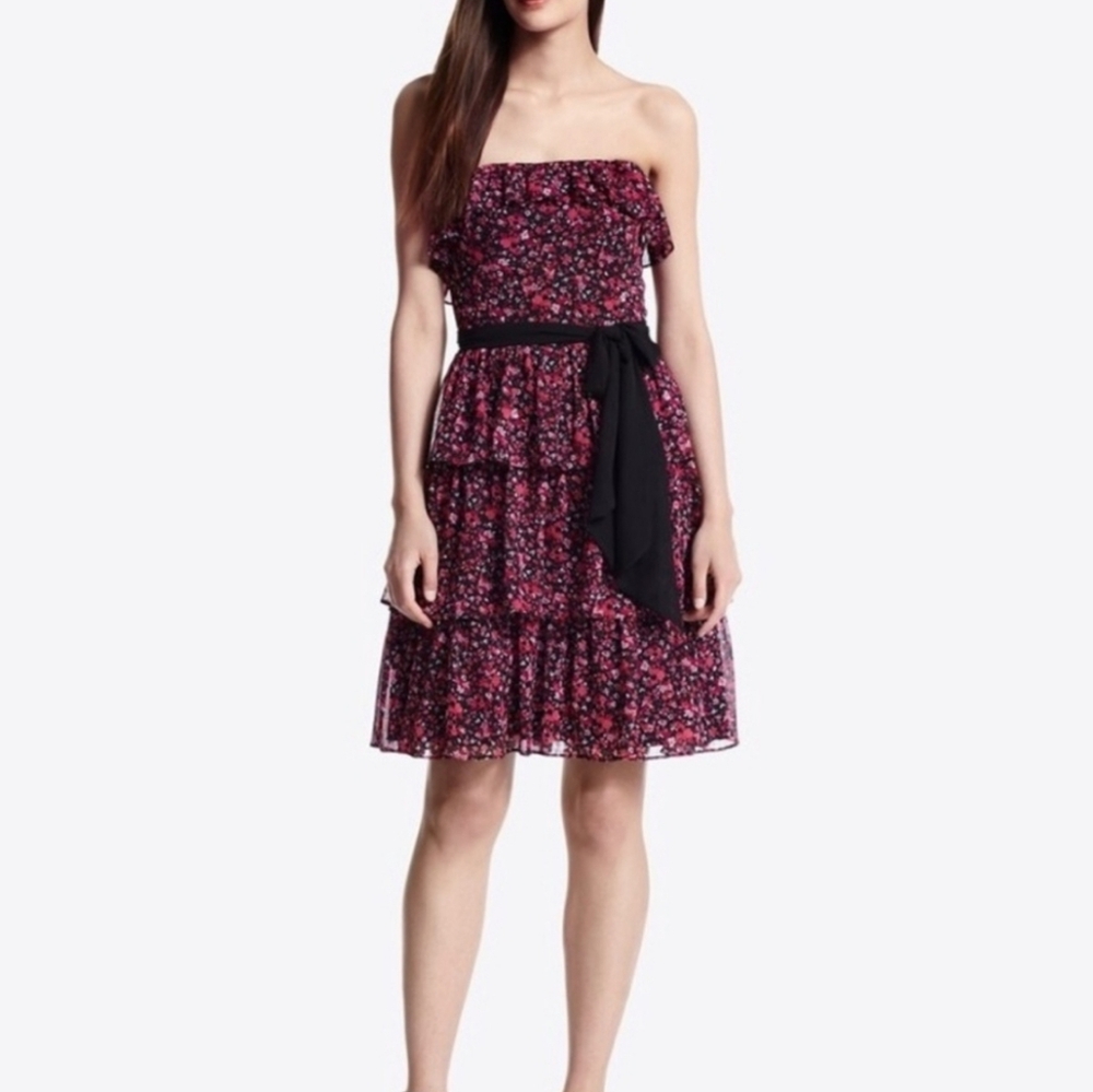 White House Black Market Pink & Black Ruffle Tiered Floral Mini Dress 00